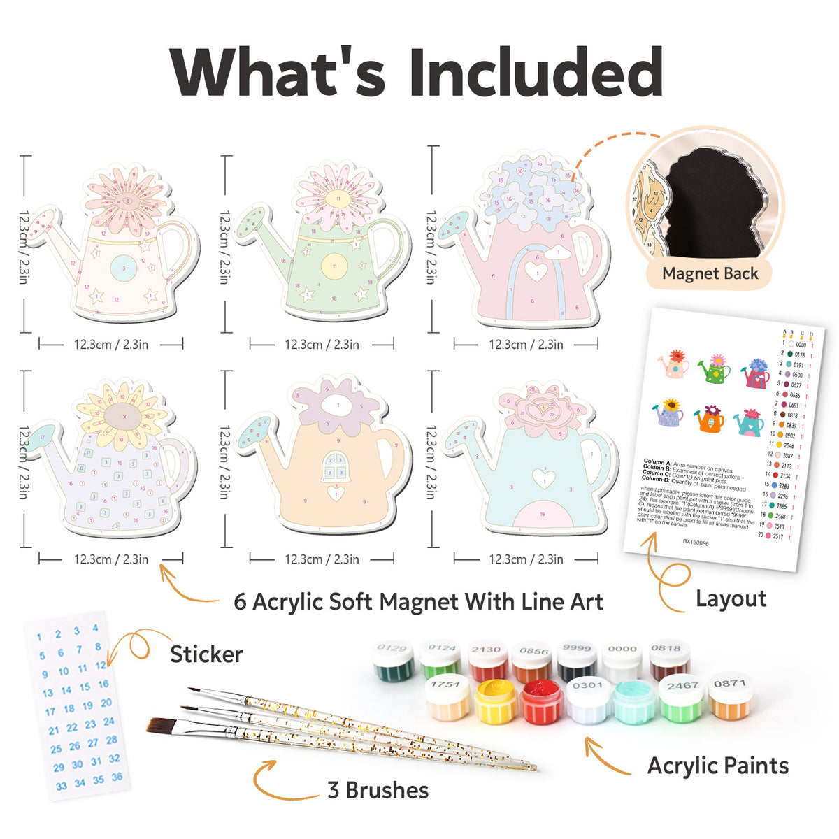 Sunflower Watering Can Posies fridge magnets – what's in the kit: the 6 soft magnets, numbered paints, brushes, layout sheet and stickers