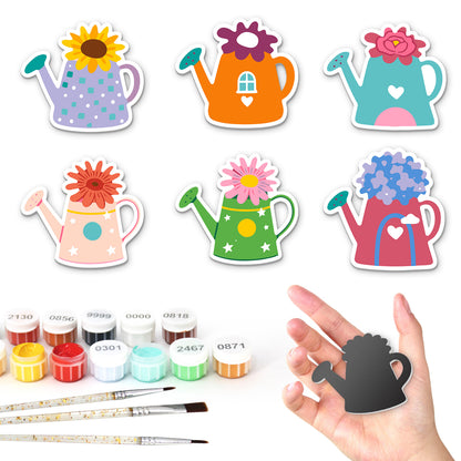 Sunflower Watering Can Posies fridge magnets – Six watering cans in lilac, orange, teal, pink, green and red, each filled with a different flower