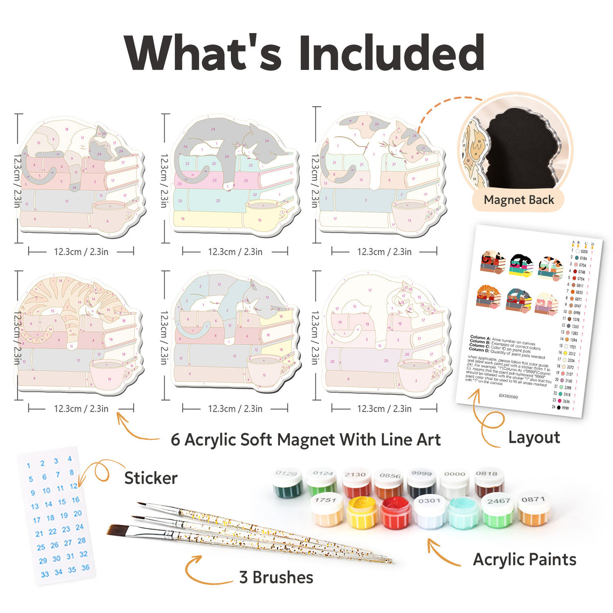 Book-Stack Catnap with Tea fridge magnets – what's in the kit: the 6 soft magnets, numbered paints, brushes, layout sheet and stickers