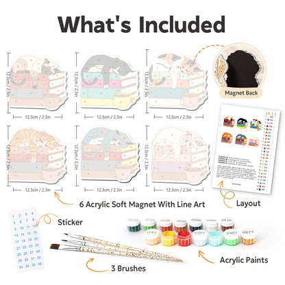 Book-Stack Catnap with Tea fridge magnets – what's in the kit: the 6 soft magnets, numbered paints, brushes, layout sheet and stickers