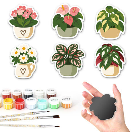 Anthurium and Calathea Pots fridge magnets – Six potted plants: pink begonia, anthurium, variegated pothos, white daisies in a jug, pink-veined calathea, croton