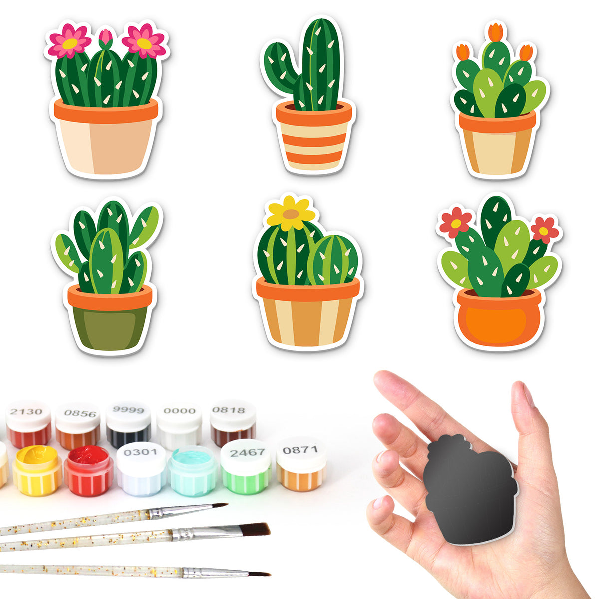 Saguaro and Prickly Pear Pots fridge magnets – Six potted cacti: pink-flowered cluster, saguaro, two prickly pears, green cluster, yellow-flowered cactus