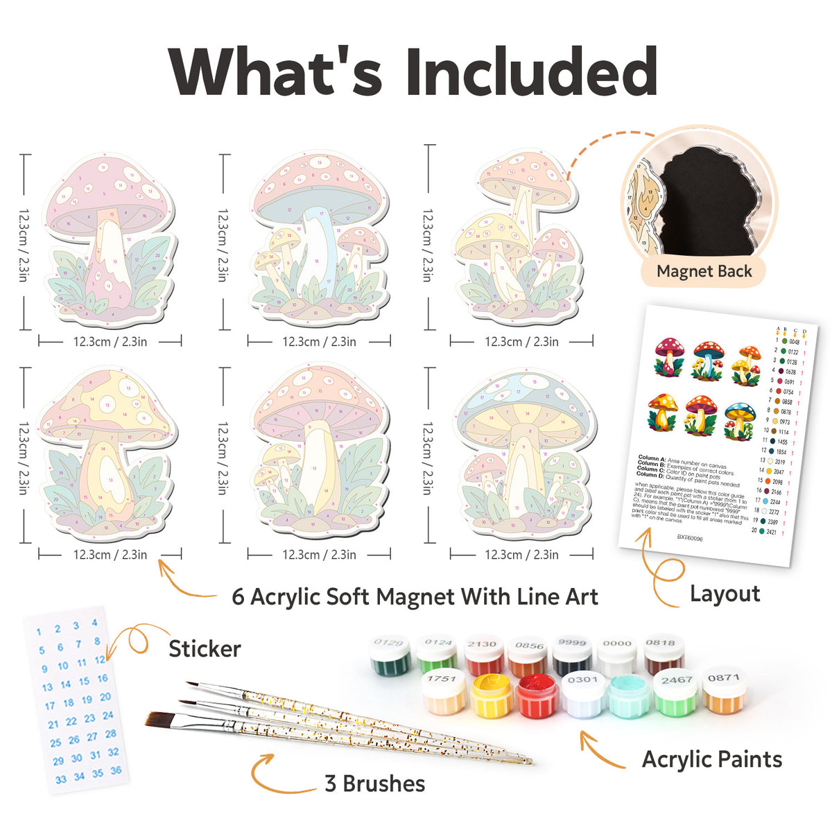 Sunny Yellow Toadstool Glade fridge magnets – what's in the kit: the 6 soft magnets, numbered paints, brushes, layout sheet and stickers
