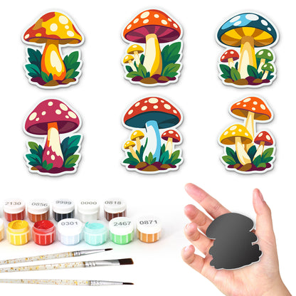 Sunny Yellow Toadstool Glade fridge magnets – Six spotted toadstool clusters with yellow, red and blue caps, nestled among green leaves