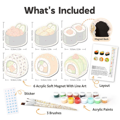 Avocado Roll and Salmon Maki fridge magnets – what's in the kit: the 6 soft magnets, numbered paints, brushes, layout sheet and stickers