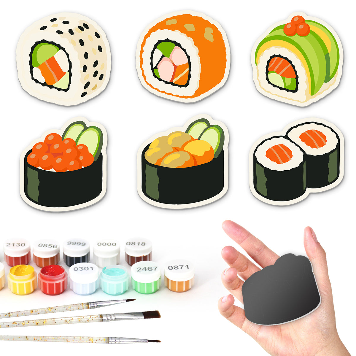Avocado Roll and Salmon Maki fridge magnets – Six sushi pieces: sesame roll, orange roe roll, avocado roll, salmon roe gunkan, topped gunkan and two salmon maki