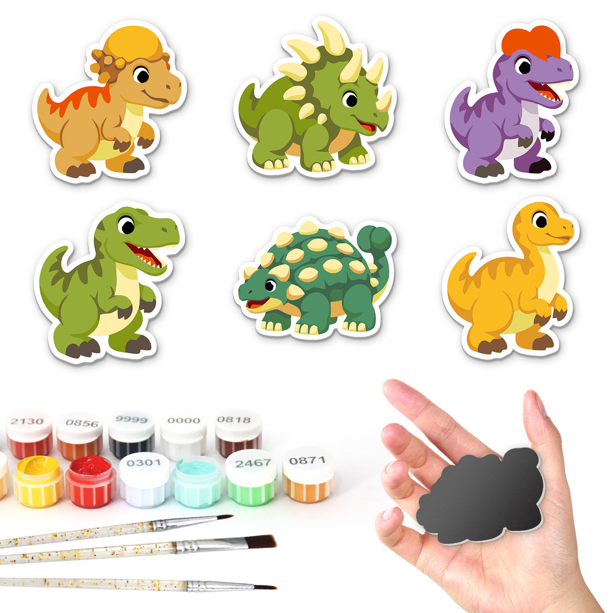 Spiky Ankylosaur and Rex Pals fridge magnets – Six cartoon dinosaurs: dome-headed dino, spiky green dino, purple crested dino, T. rex, ankylosaur and yellow raptor