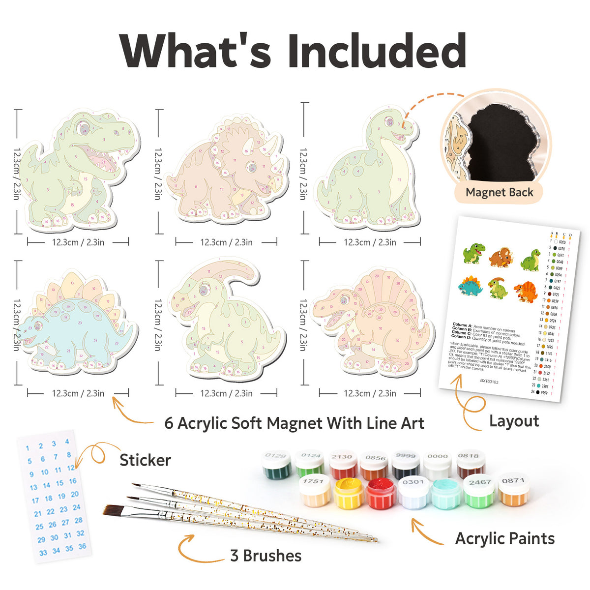 Stegosaurus and Triceratops Crew fridge magnets – what's in the kit: the 6 soft magnets, numbered paints, brushes, layout sheet and stickers