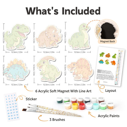 Stegosaurus and Triceratops Crew fridge magnets – what's in the kit: the 6 soft magnets, numbered paints, brushes, layout sheet and stickers