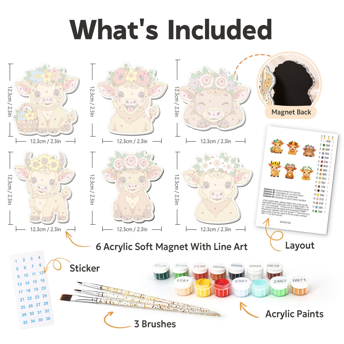 Flower-Crowned Highland Calves fridge magnets – what's in the kit: the 6 soft magnets, numbered paints, brushes, layout sheet and stickers