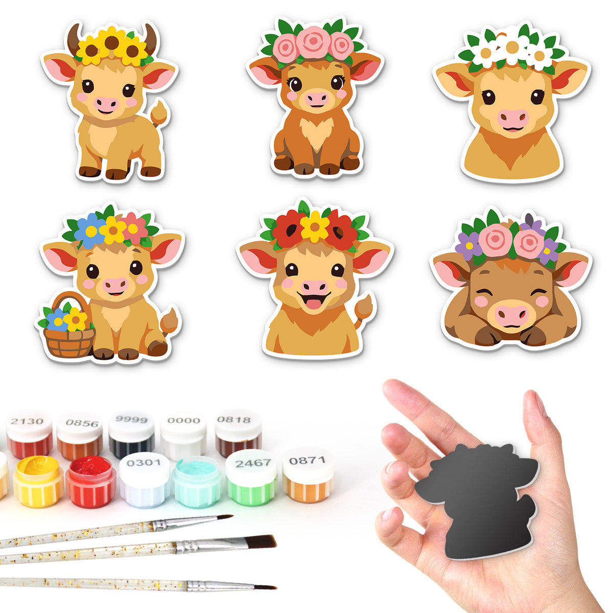Flower-Crowned Highland Calves fridge magnets – Six highland calves wearing flower crowns of sunflowers, roses and daisies, one holding a flower basket