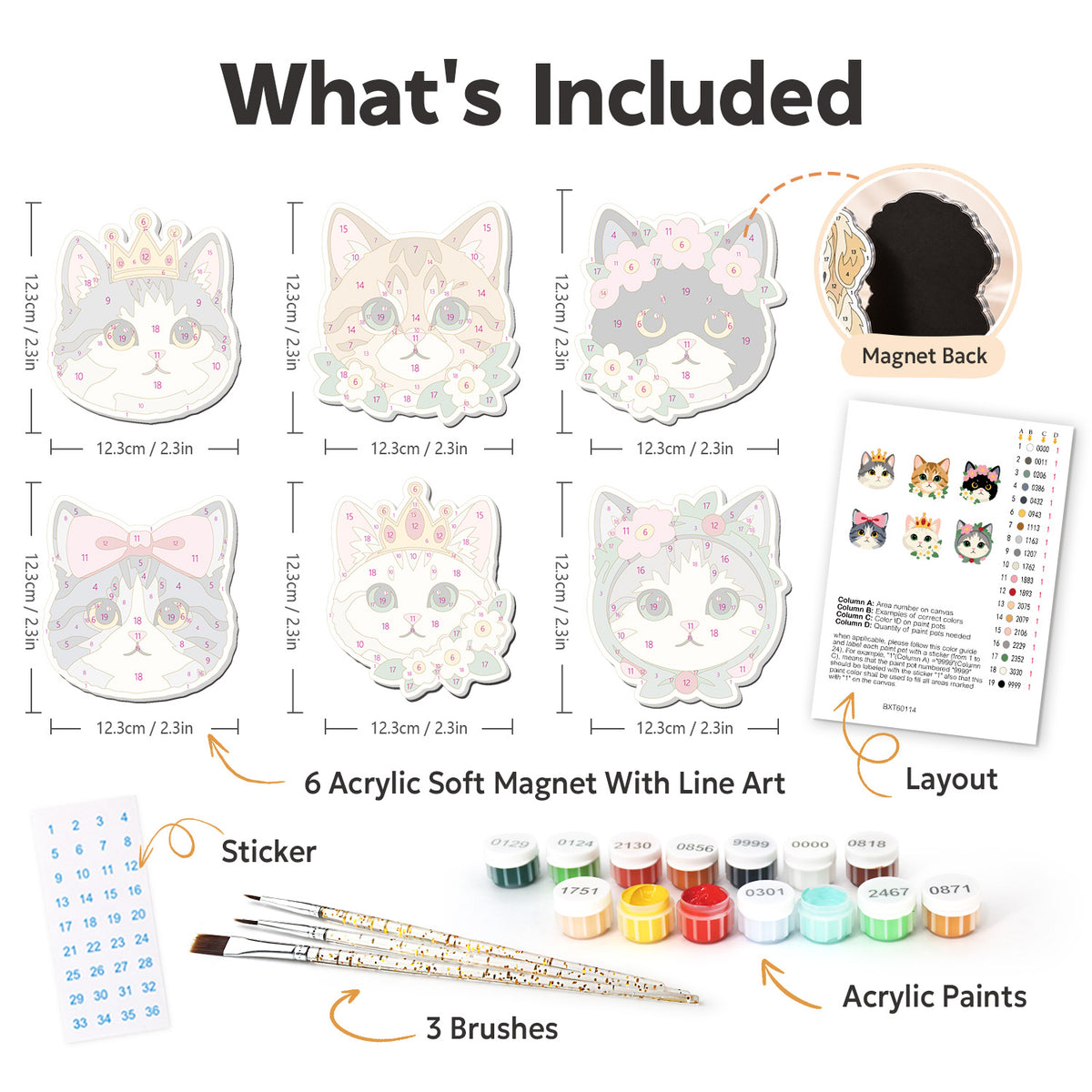 Crowned Princess Cat Faces fridge magnets – what's in the kit: the 6 soft magnets, numbered paints, brushes, layout sheet and stickers