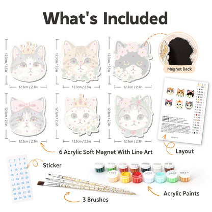 Crowned Princess Cat Faces fridge magnets – what's in the kit: the 6 soft magnets, numbered paints, brushes, layout sheet and stickers