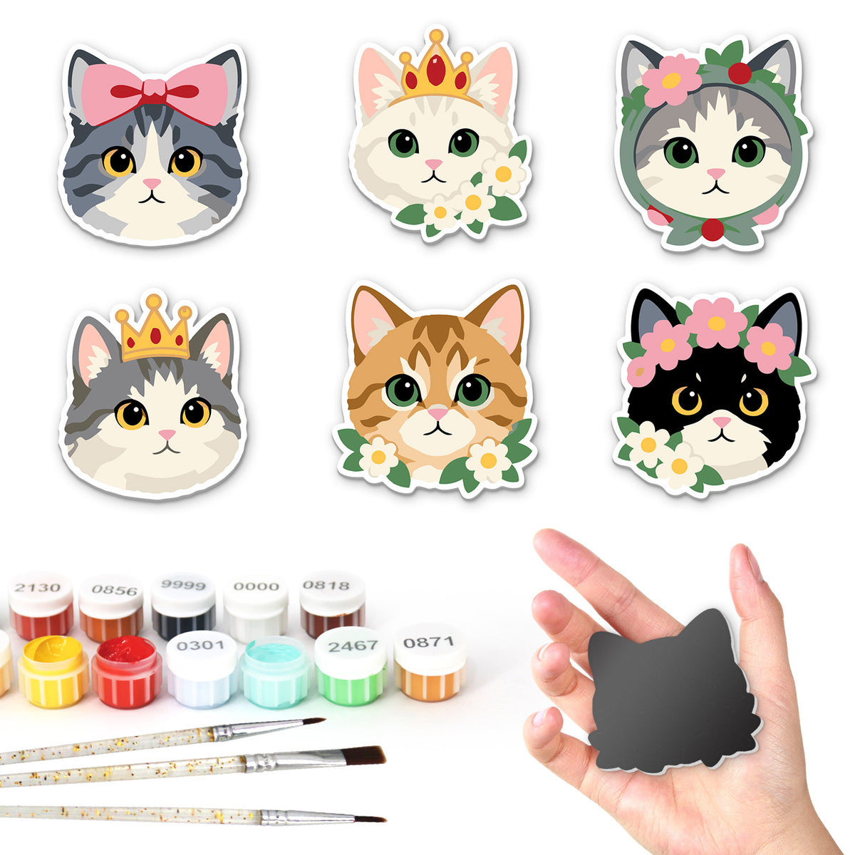 Crowned Princess Cat Faces fridge magnets – Six cat faces wearing pink bows, gold crowns and flower crowns, in grey, white, ginger and black