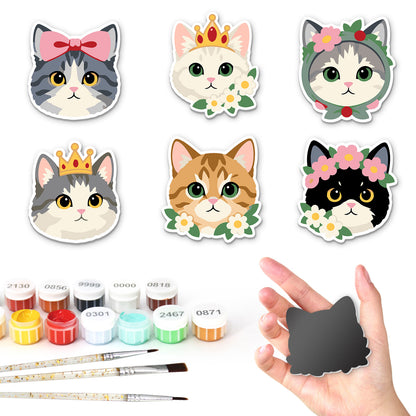 Crowned Princess Cat Faces fridge magnets – Six cat faces wearing pink bows, gold crowns and flower crowns, in grey, white, ginger and black