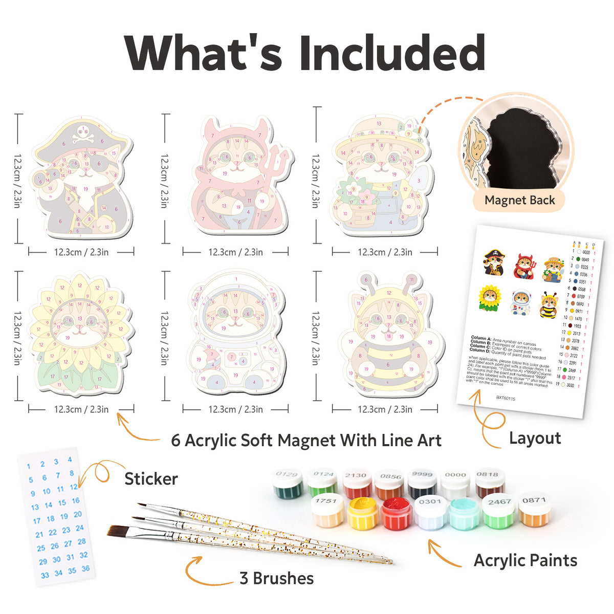 Dress-Up Cat Parade fridge magnets – what's in the kit: the 6 soft magnets, numbered paints, brushes, layout sheet and stickers