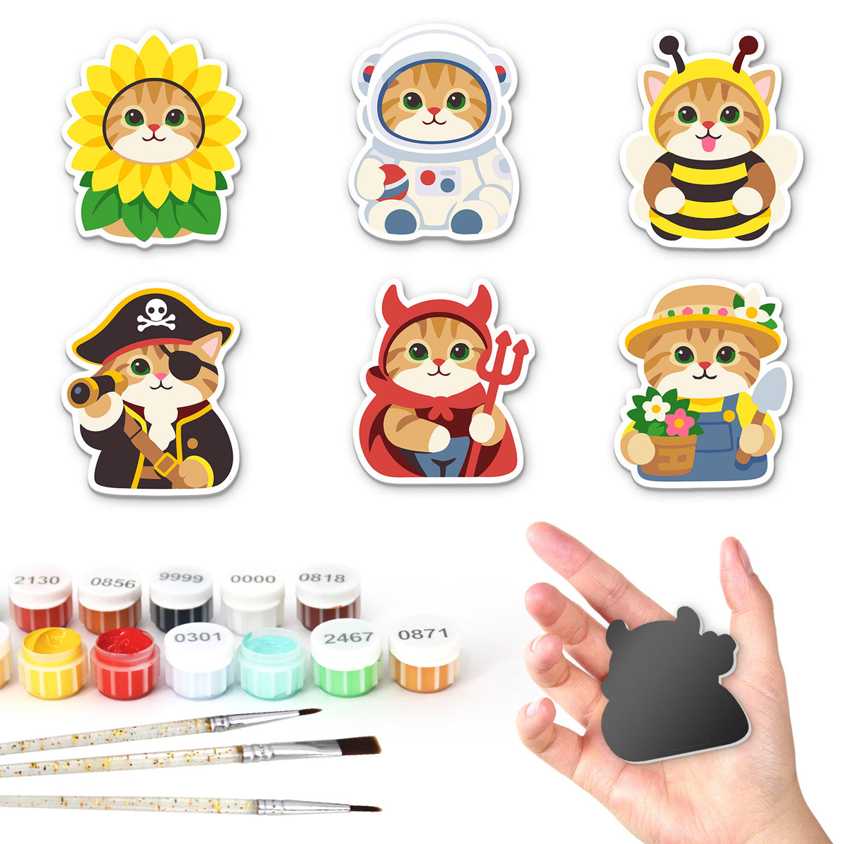 Dress-Up Cat Parade fridge magnets – Six kittens in costumes: a sunflower, an astronaut, a bee, a pirate, a red devil and a farmer with flowers