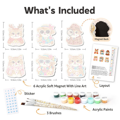 Ginger Tabby Wardrobe fridge magnets – what's in the kit: the 6 soft magnets, numbered paints, brushes, layout sheet and stickers