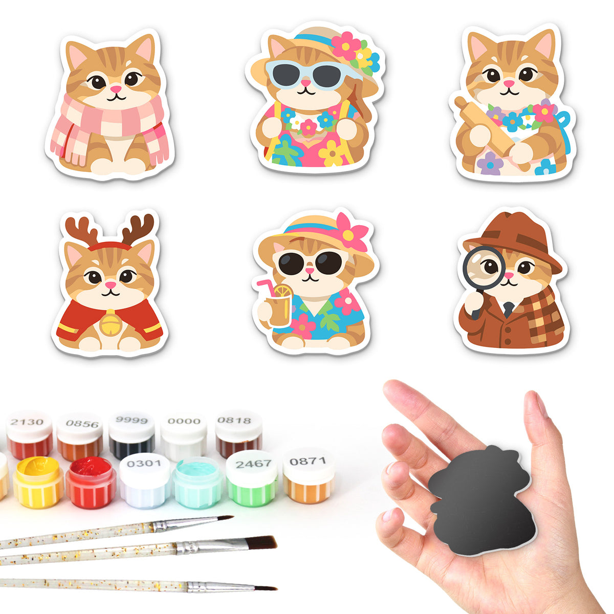 Ginger Tabby Wardrobe fridge magnets – Six ginger tabby cats dressed up: a scarf, beachwear and sunglasses, reindeer antlers and a detective hat