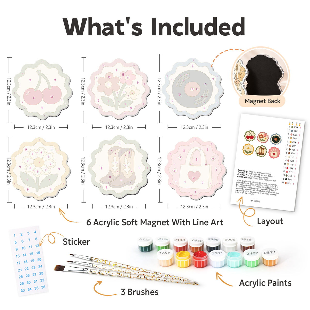 Retro Cherries and Cowboy Boots fridge magnets – what's in the kit: the 6 soft magnets, numbered paints, brushes, layout sheet and stickers