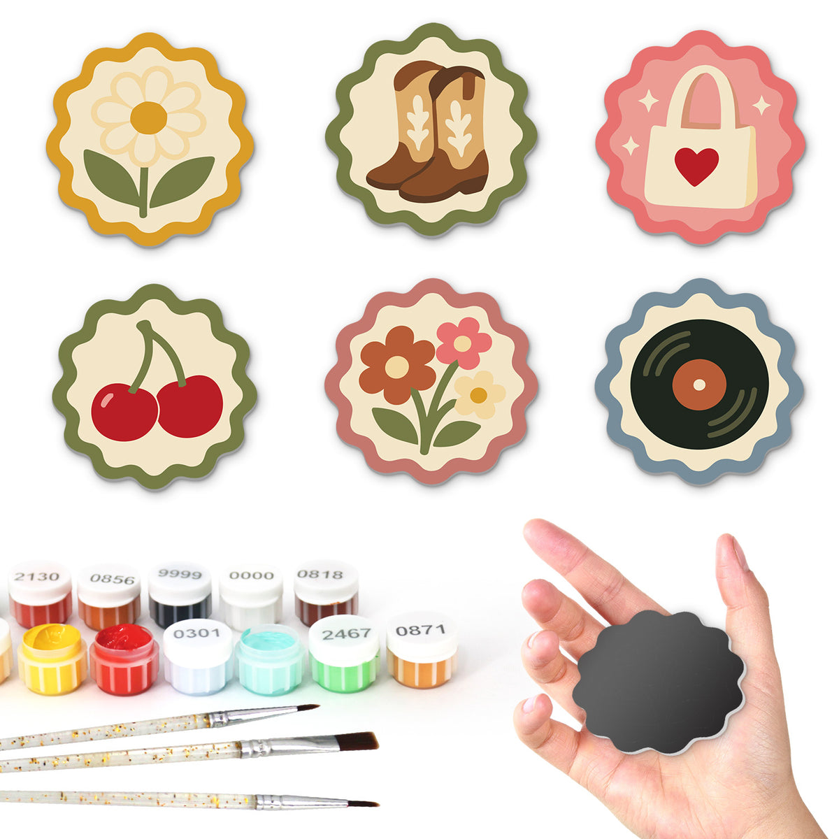Retro Cherries and Cowboy Boots fridge magnets – Six scalloped retro badges: a daisy, cowboy boots, a heart tote bag, cherries, a flower bunch and a vinyl record