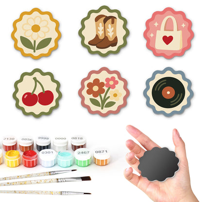 Retro Cherries and Cowboy Boots fridge magnets – Six scalloped retro badges: a daisy, cowboy boots, a heart tote bag, cherries, a flower bunch and a vinyl record