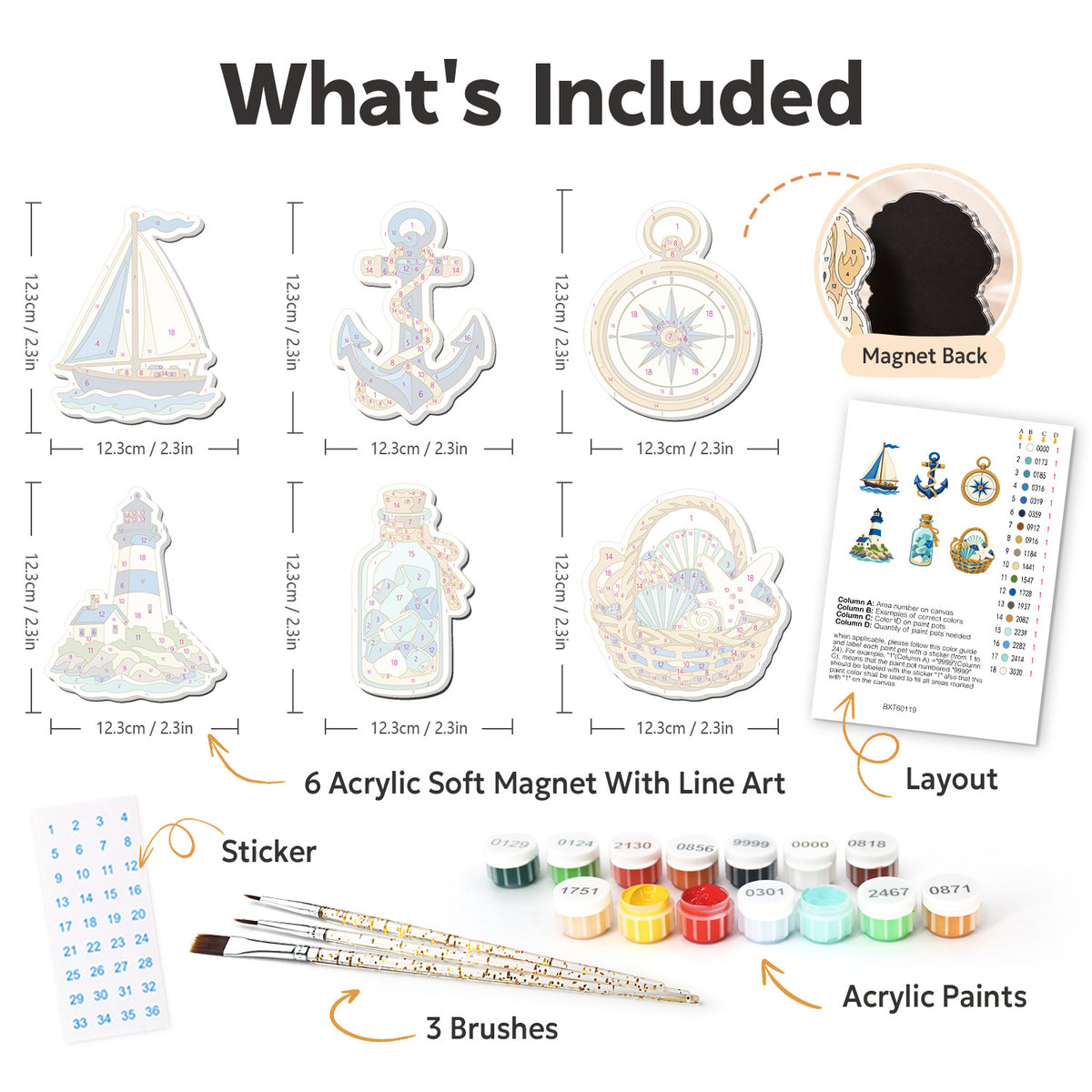 Seaside Lighthouse and Compass fridge magnets – what's in the kit: the 6 soft magnets, numbered paints, brushes, layout sheet and stickers