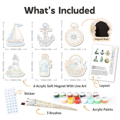 Seaside Lighthouse and Compass fridge magnets – what's in the kit: the 6 soft magnets, numbered paints, brushes, layout sheet and stickers