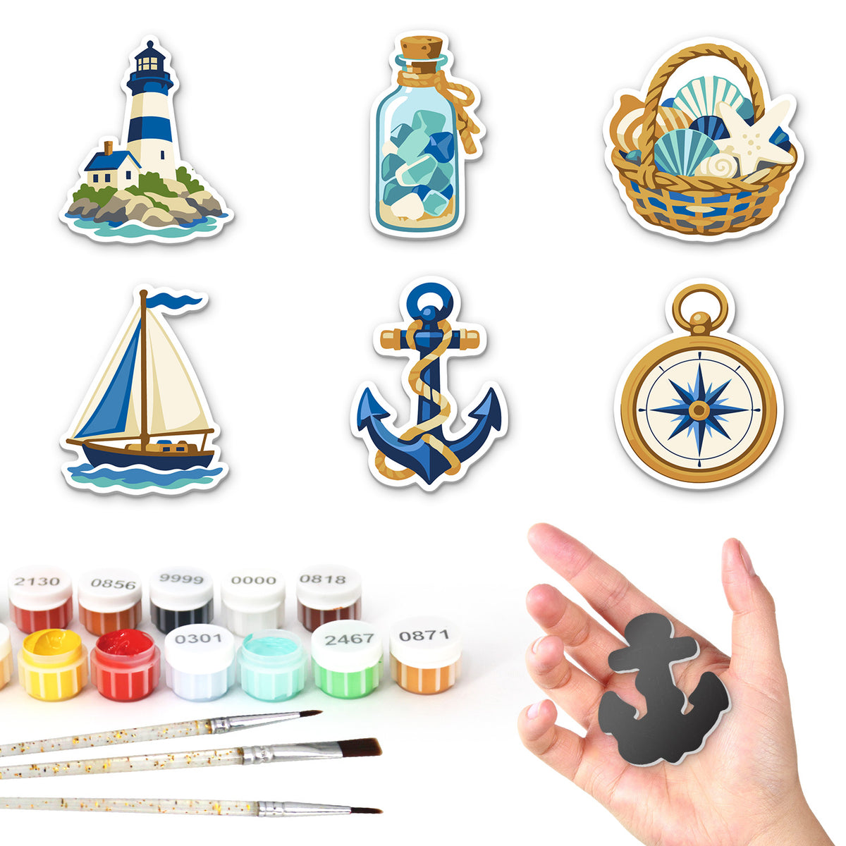 Seaside Lighthouse and Compass fridge magnets – Six seaside designs: a lighthouse, a bottle of sea glass, a shell basket, a sailboat, an anchor and a compass
