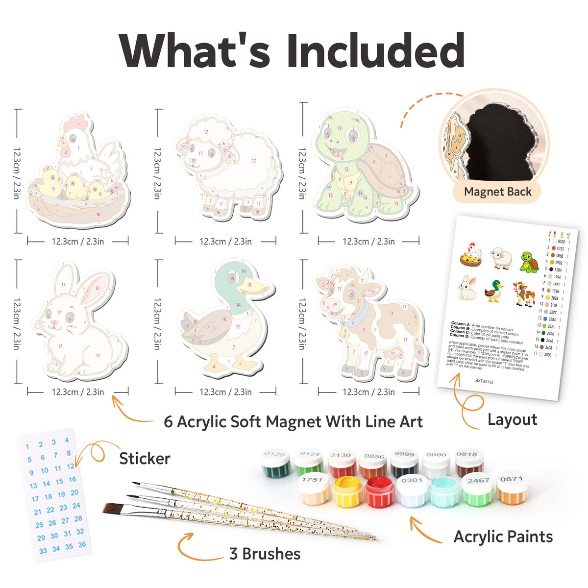 Mallard and Mother Hen Farm fridge magnets – what's in the kit: the 6 soft magnets, numbered paints, brushes, layout sheet and stickers
