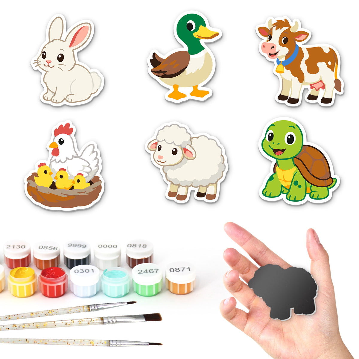 Mallard and Mother Hen Farm fridge magnets – Six farm and pond animals: a white bunny, a mallard duck, a cow, a hen with chicks, a sheep and a turtle
