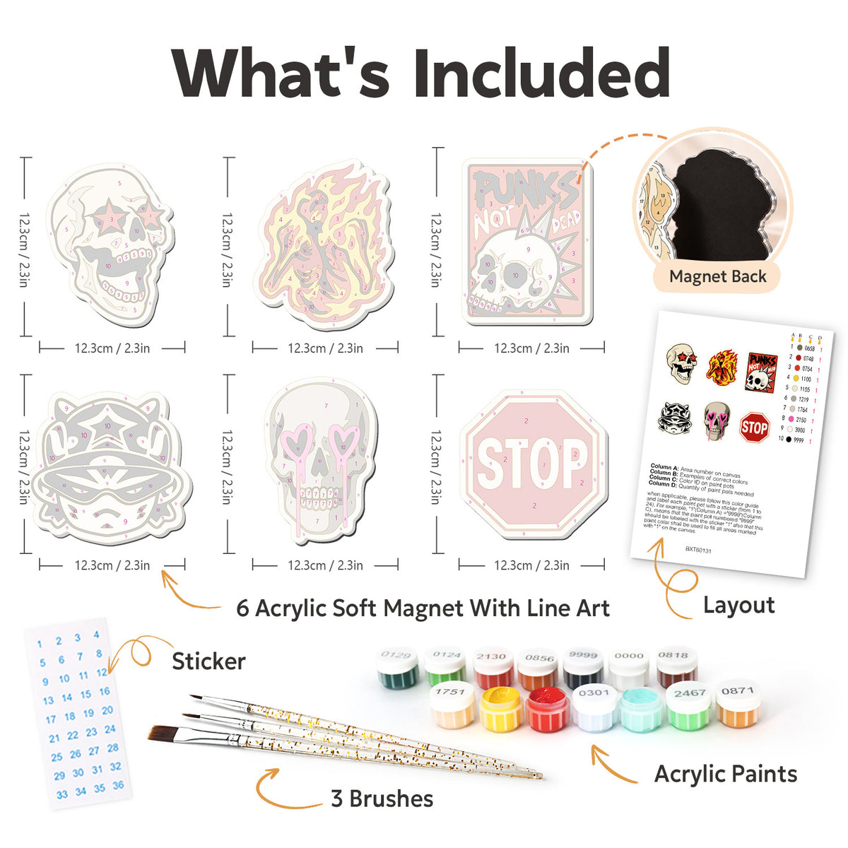 Rebel Skull Sticker Mix fridge magnets – what's in the kit: the 6 soft magnets, numbered paints, brushes, layout sheet and stickers