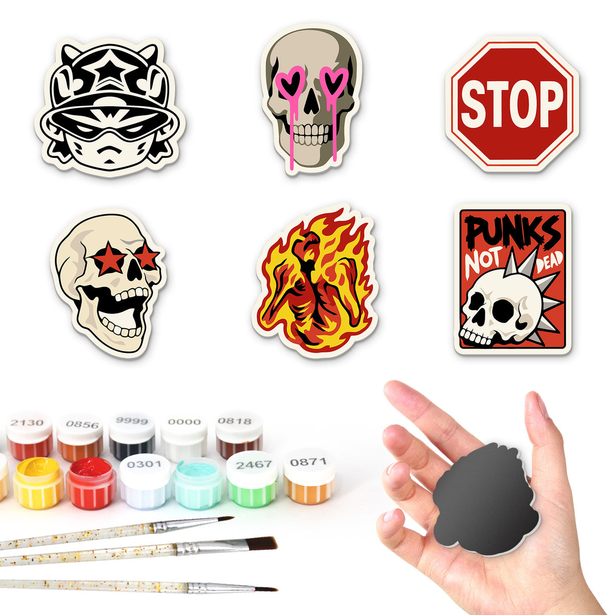 Rebel Skull Sticker Mix fridge magnets – Six punk designs: a studded cap, heart-eyed and star-eyed skulls, a stop sign, a flaming figure and a skull poster