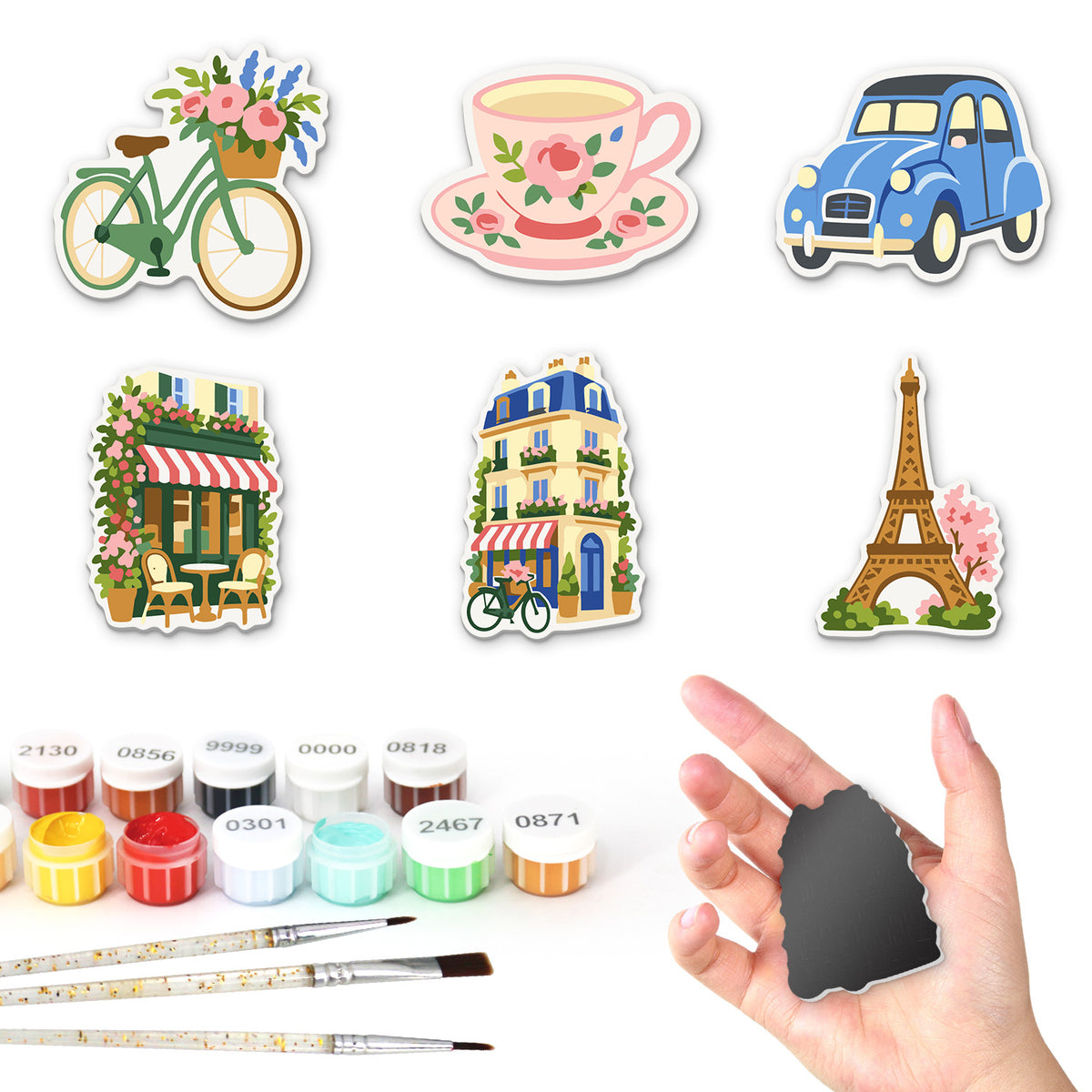 Paris Café and Eiffel Tower fridge magnets – Six Paris designs: a bicycle with flowers, a rose teacup, a blue vintage car, a café, a townhouse and the Eiffel Tower
