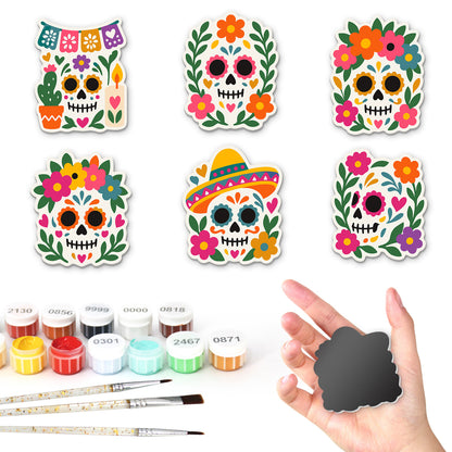 Day of the Dead Sugar Skulls fridge magnets – Six colourful sugar skulls framed with flowers, one with papel picado and candles, one in a sombrero