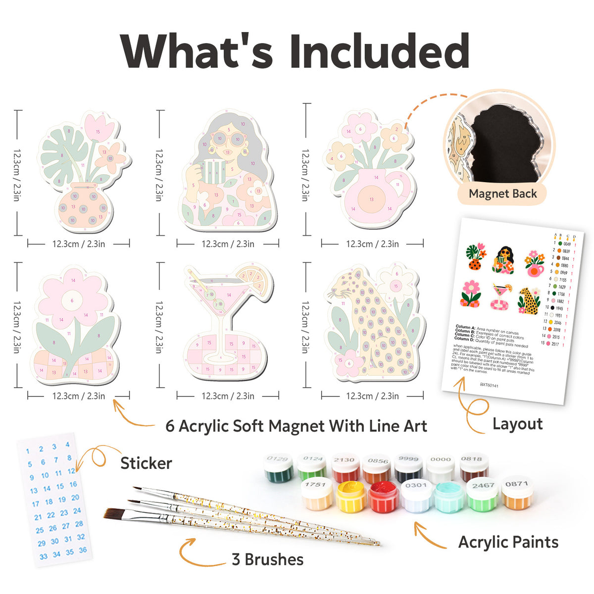 Cocktail Hour Leopard Chic fridge magnets – what's in the kit: the 6 soft magnets, numbered paints, brushes, layout sheet and stickers