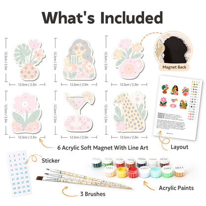 Cocktail Hour Leopard Chic fridge magnets – what's in the kit: the 6 soft magnets, numbered paints, brushes, layout sheet and stickers
