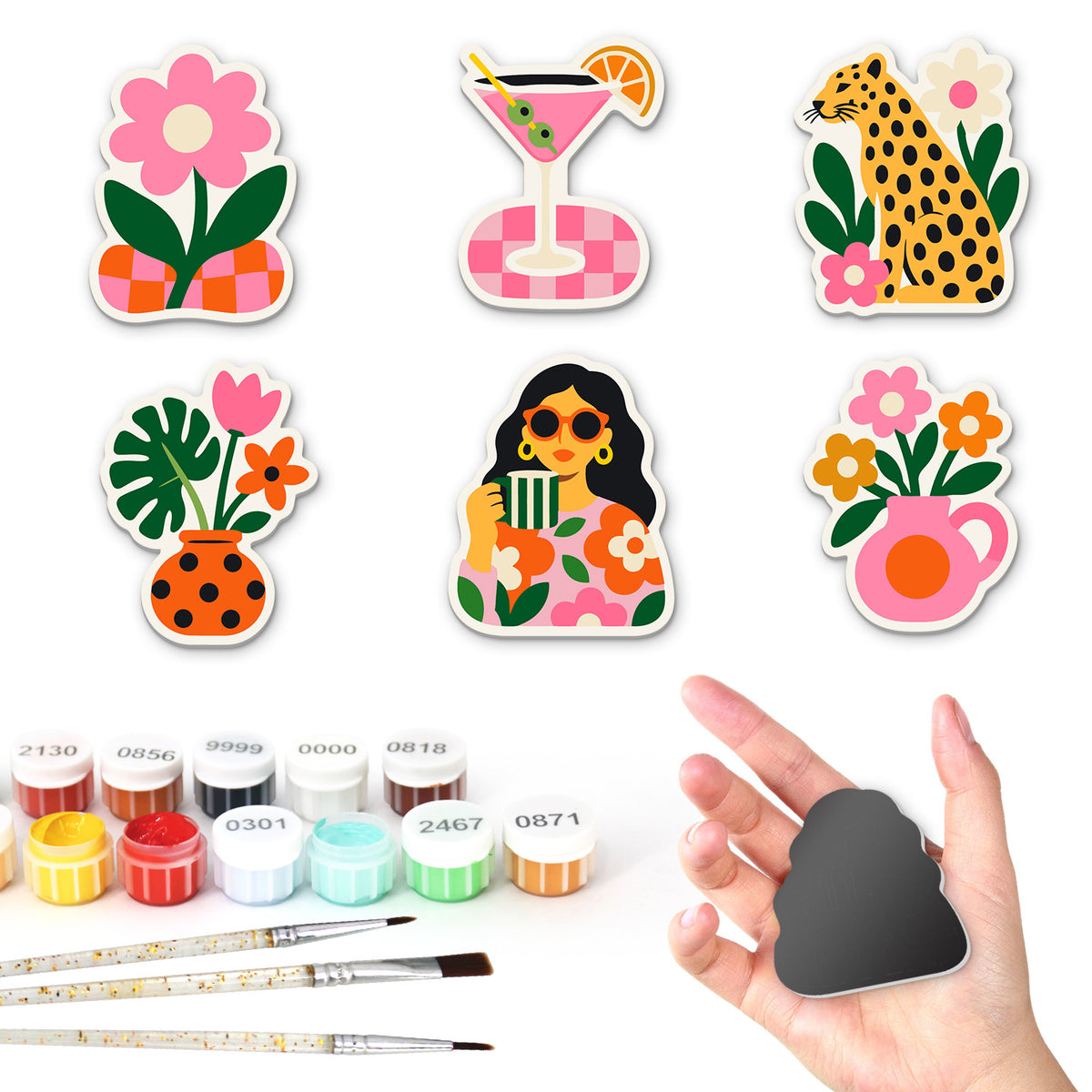 Cocktail Hour Leopard Chic fridge magnets – Six bold designs: a checked flowerpot, a cocktail, a leopard, a monstera vase, a girl in shades and a pink vase