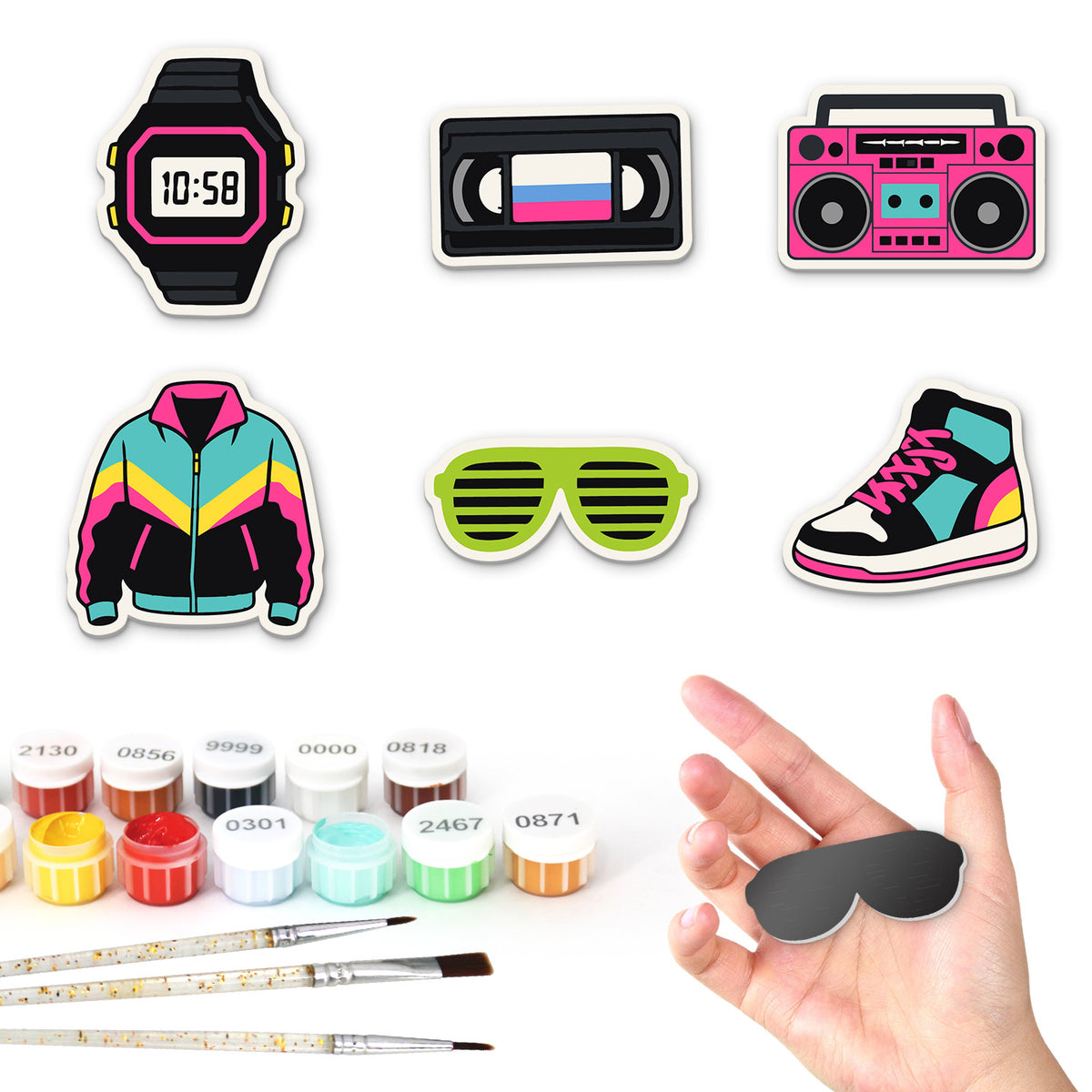 Neon Boombox and VHS Throwback fridge magnets – Six retro designs: a digital watch, a VHS tape, a pink boombox, a neon windbreaker, shutter shades and a high-top
