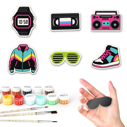 Neon Boombox and VHS Throwback fridge magnets – Six retro designs: a digital watch, a VHS tape, a pink boombox, a neon windbreaker, shutter shades and a high-top