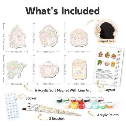 Honey Jar and Birdhouse Cottage fridge magnets – what's in the kit: the 6 soft magnets, numbered paints, brushes, layout sheet and stickers