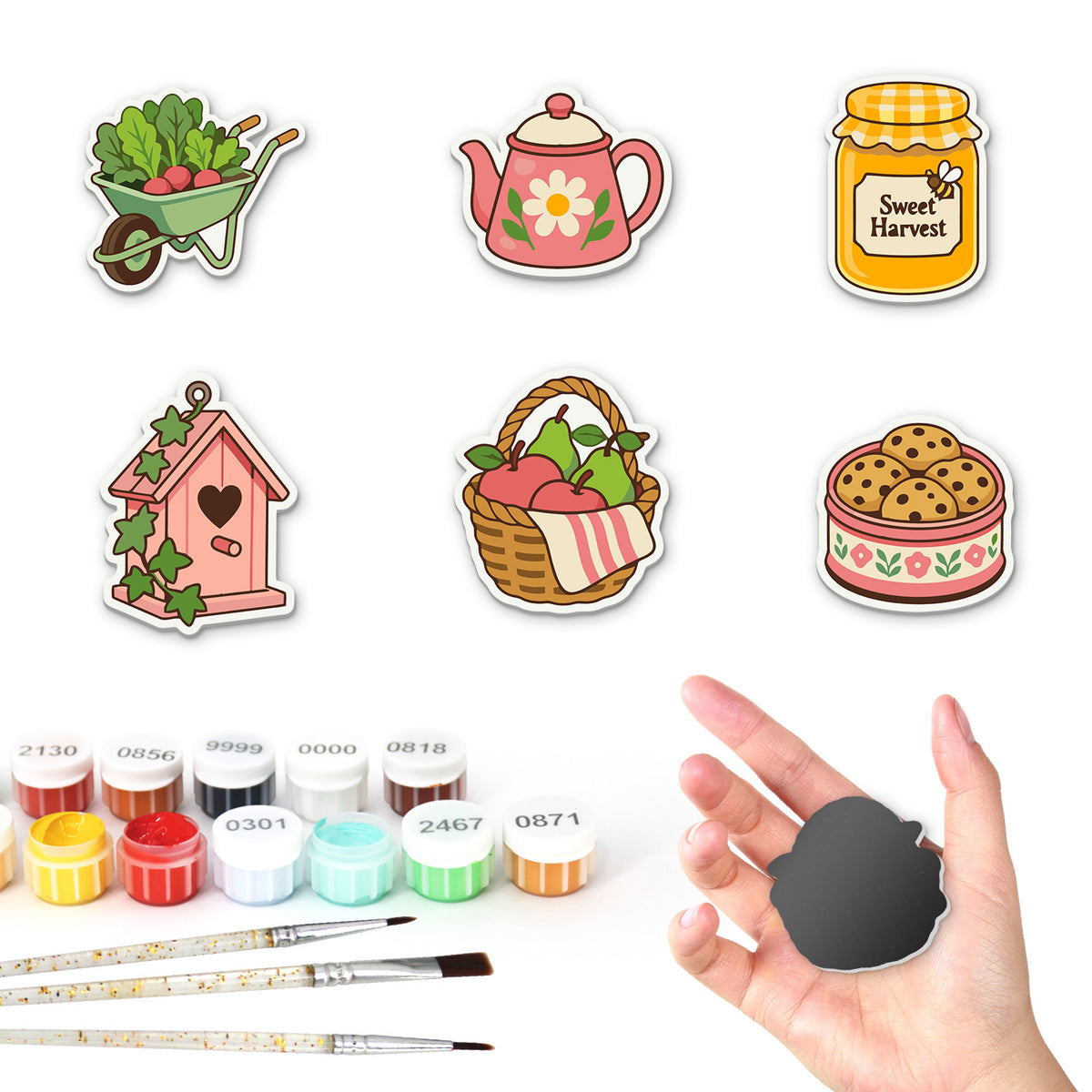 Honey Jar and Birdhouse Cottage fridge magnets – Six cottage designs: a vegetable wheelbarrow, a teapot, a Sweet Harvest honey jar, a birdhouse, apples and cookies