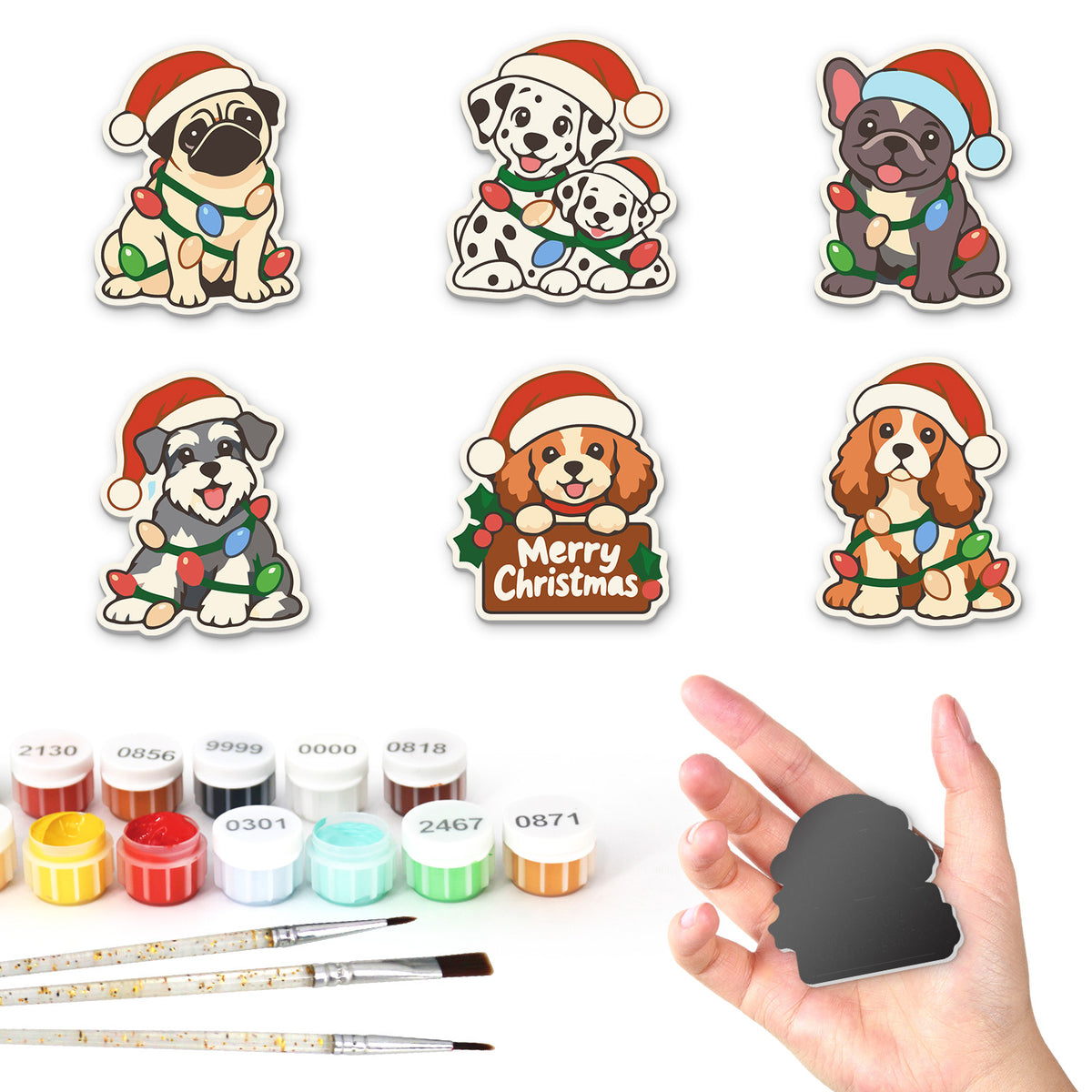 Merry Christmas Pug and Pals fridge magnets – Six Santa-hat puppies in fairy lights: a pug, dalmatians, a French bulldog, a schnauzer and two spaniels