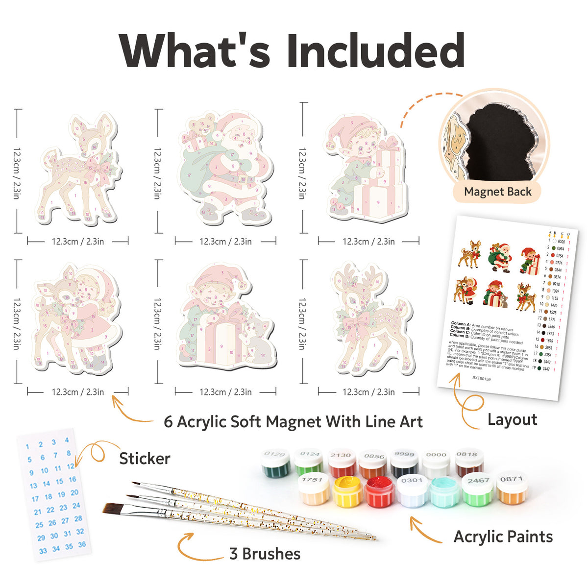 Vintage Santa and Fawn Friends fridge magnets – what's in the kit: the 6 soft magnets, numbered paints, brushes, layout sheet and stickers