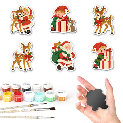 Vintage Santa and Fawn Friends fridge magnets – Six vintage Christmas scenes: a girl hugging a fawn, elves with gifts, two fawns with red bows and Santa with his sack