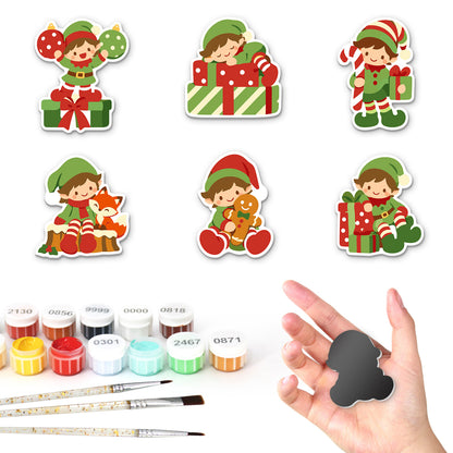 Gift-Wrapping Elf Crew fridge magnets – Six Christmas elves with gifts, lollipops, a candy cane, a fox and a gingerbread man, one asleep on presents