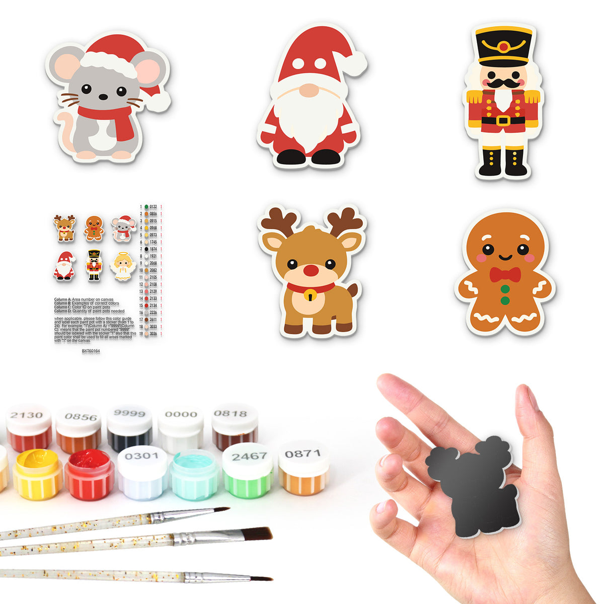 Nutcracker and Santa Mouse fridge magnets – Five Christmas characters: a mouse in a Santa hat, a gnome, a nutcracker soldier, a reindeer and a gingerbread man