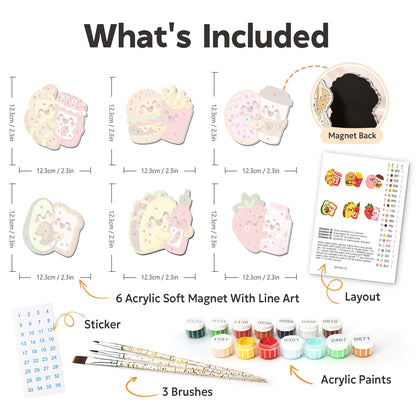 Best Friend Food Pairs fridge magnets – what's in the kit: the 6 soft magnets, numbered paints, brushes, layout sheet and stickers