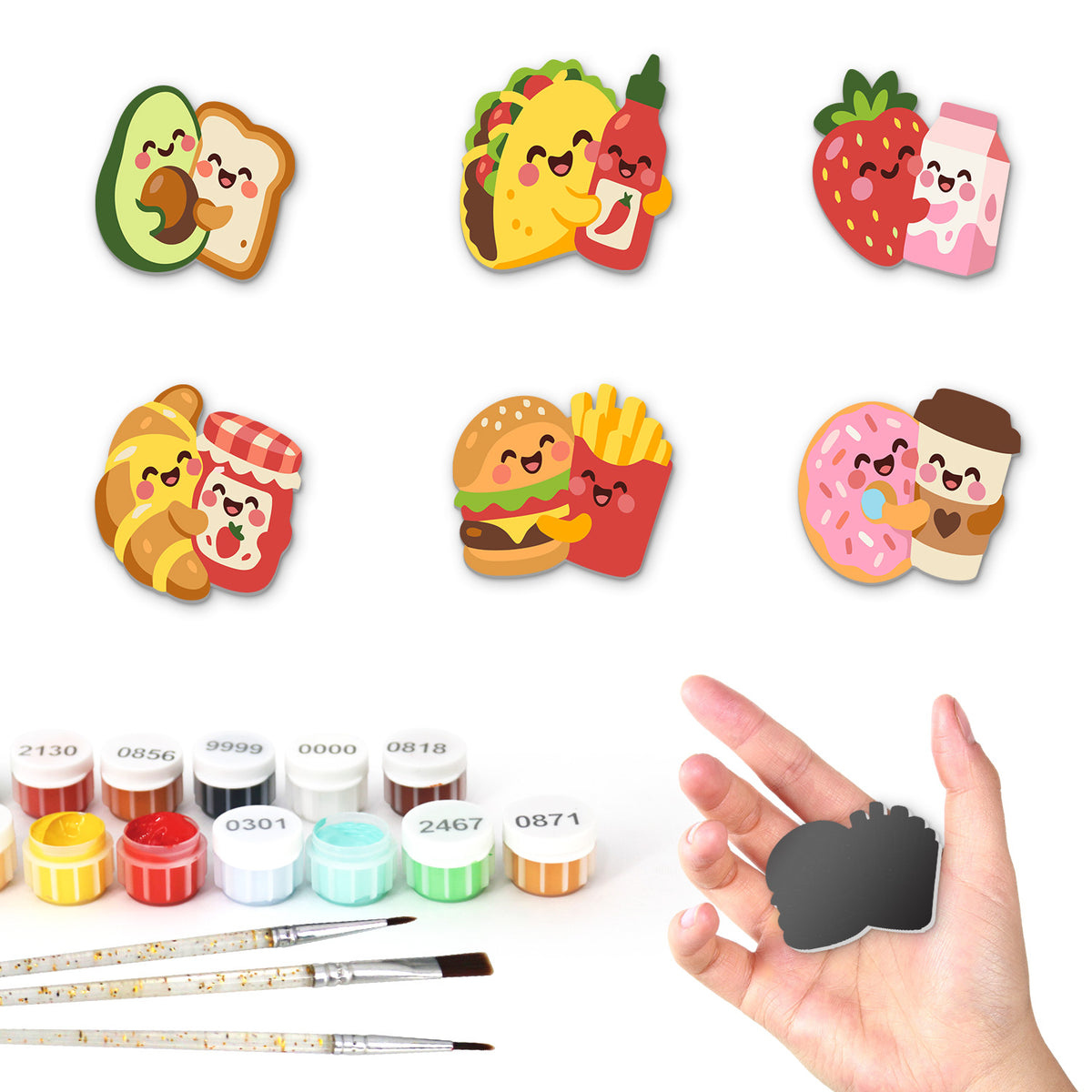 Best Friend Food Pairs fridge magnets – Six smiling food pairs, such as avocado and toast, taco and hot sauce, burger and fries, and donut and coffee