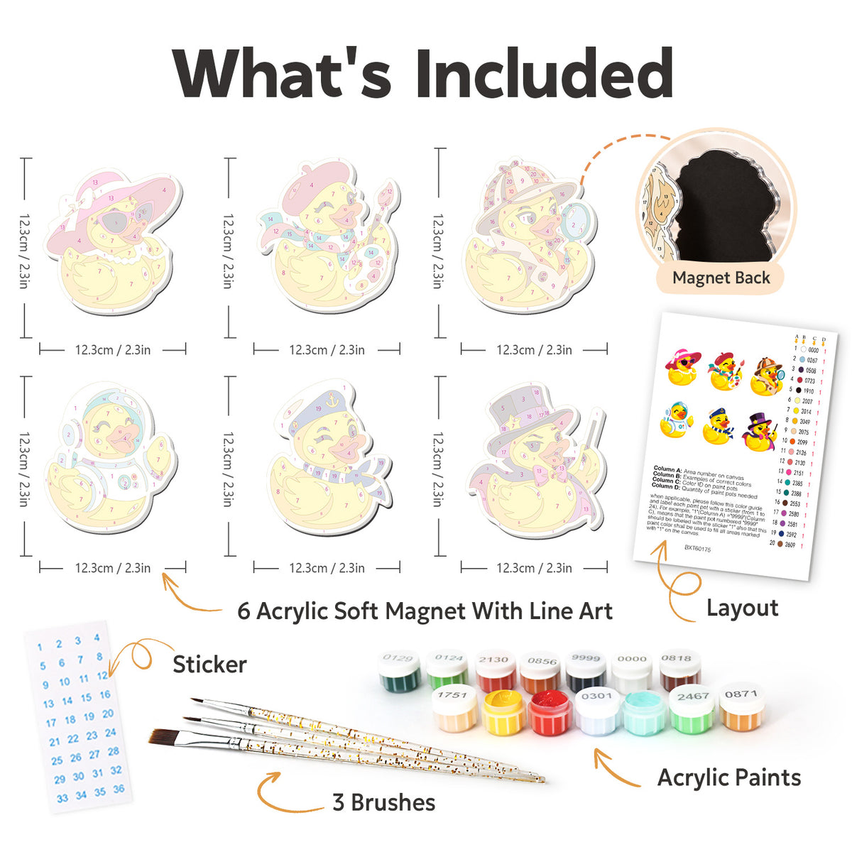 Rubber Duck Dress-Up fridge magnets – what's in the kit: the 6 soft magnets, numbered paints, brushes, layout sheet and stickers